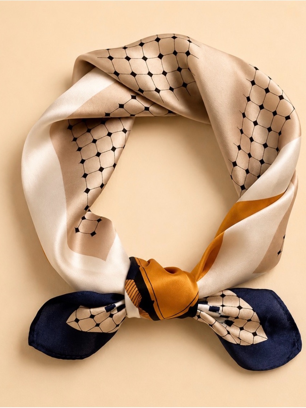 Silk-Feel Beige & Navy Geometric Women's Scarf